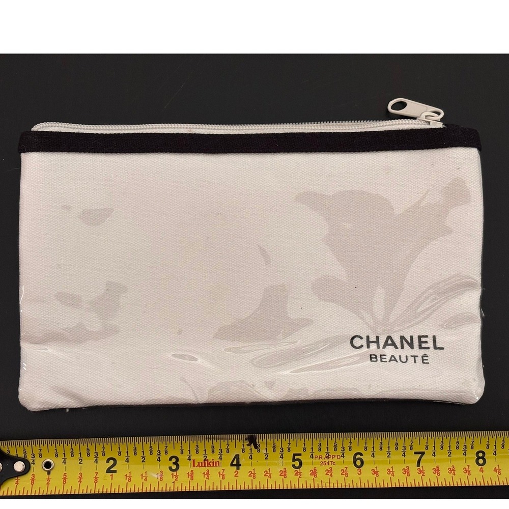 Chanel Beaute White Canvas Cosmetic Pouch Makeup Bag Zipper Travel Case Logo